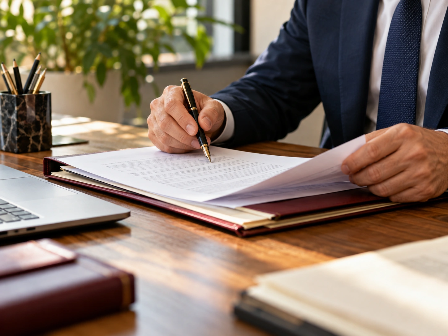 Revisión de documentos empresariales sobre un escritorio